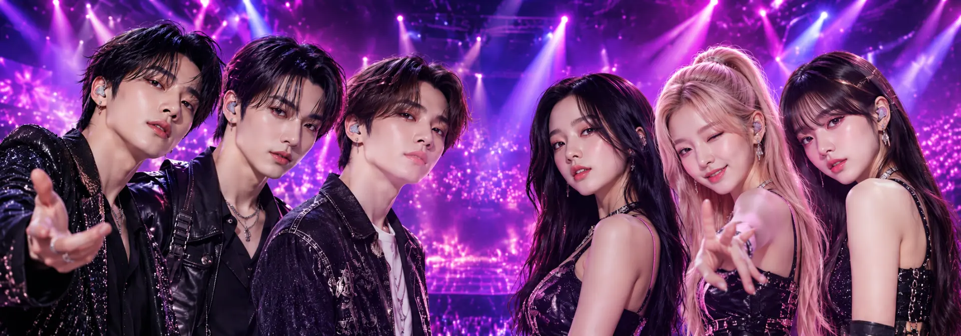 Six fictional K-POP performers under pink and purple concert lights